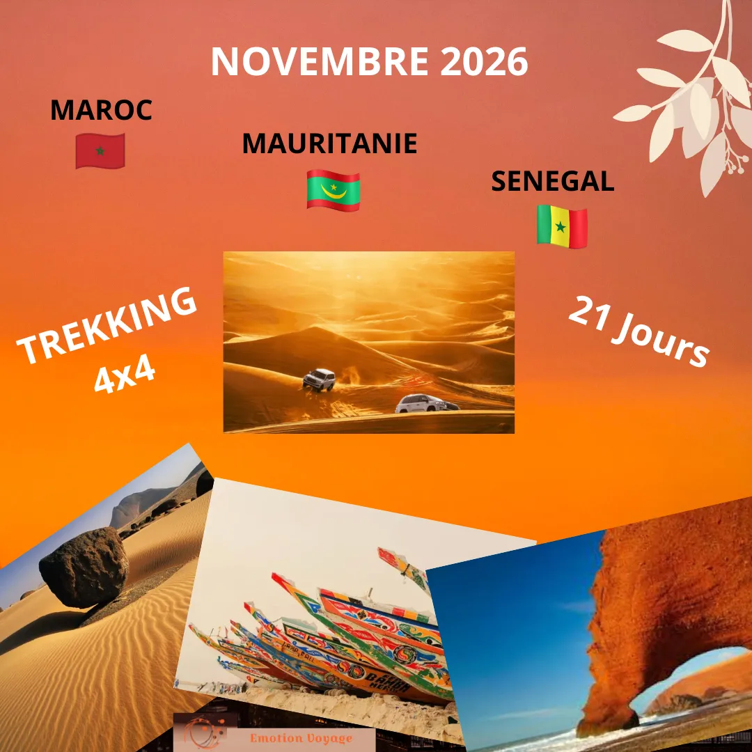 Affiche du trekking 4x4 de novembre 2026 : Maroc, Mauritanie, Sénégal, 21 jours